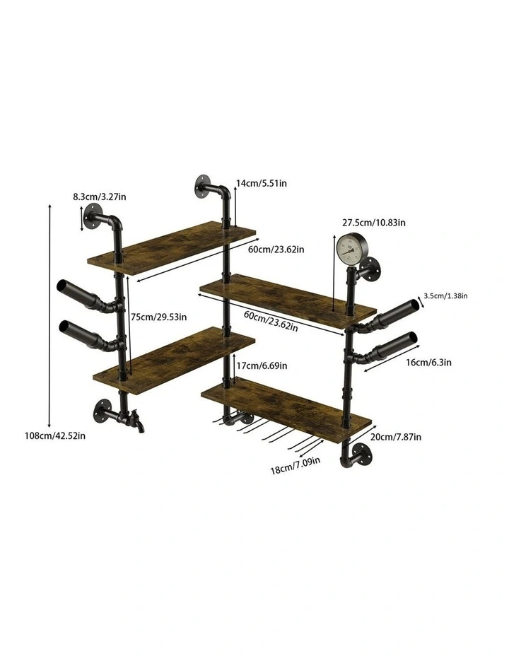 Industrial Pipe Wall Bar Shelf With Wine Glass Holder image 2
