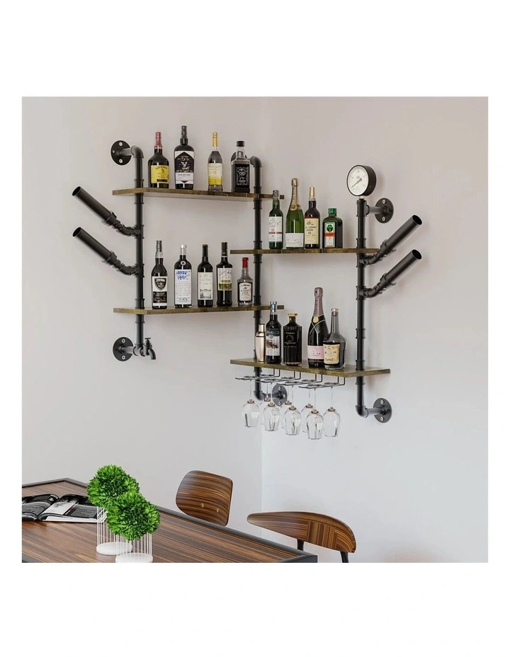 Industrial Pipe Wall Bar Shelf With Wine Glass Holder image 7