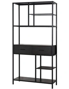 Black Multi Shelf Bookcase with Drawers in Rustic Industrial Style