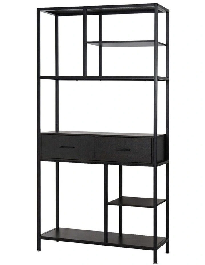 Black Multi Shelf Bookcase with Drawers in Rustic Industrial Style image 1