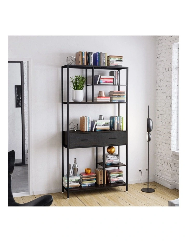 Black Multi Shelf Bookcase with Drawers in Rustic Industrial Style image 2