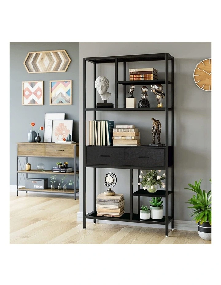 Black Multi Shelf Bookcase with Drawers in Rustic Industrial Style image 3