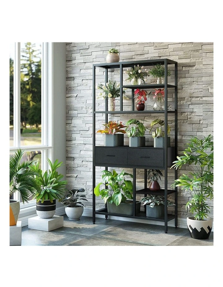 Black Multi Shelf Bookcase with Drawers in Rustic Industrial Style image 4