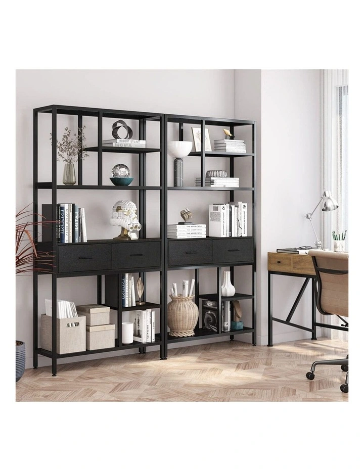 Black Multi Shelf Bookcase with Drawers in Rustic Industrial Style image 5