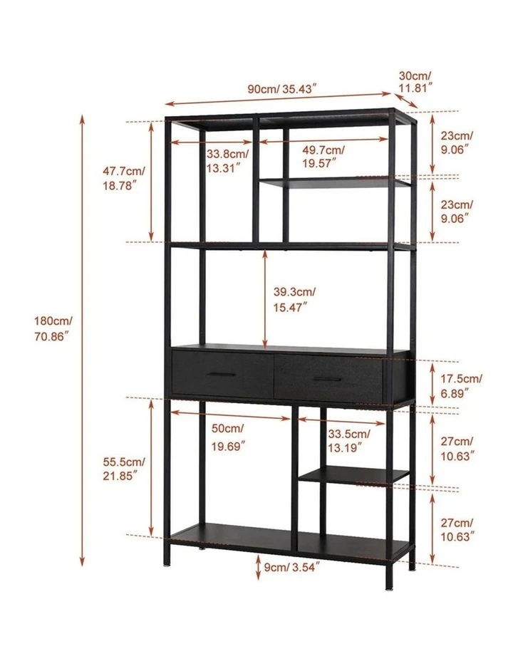 Black Multi Shelf Bookcase with Drawers in Rustic Industrial Style image 6