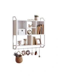 Artiss Floating Wall Shelf 6 Hooks Wall Mounted Storage Cubby Rack 73.5x74CM White
