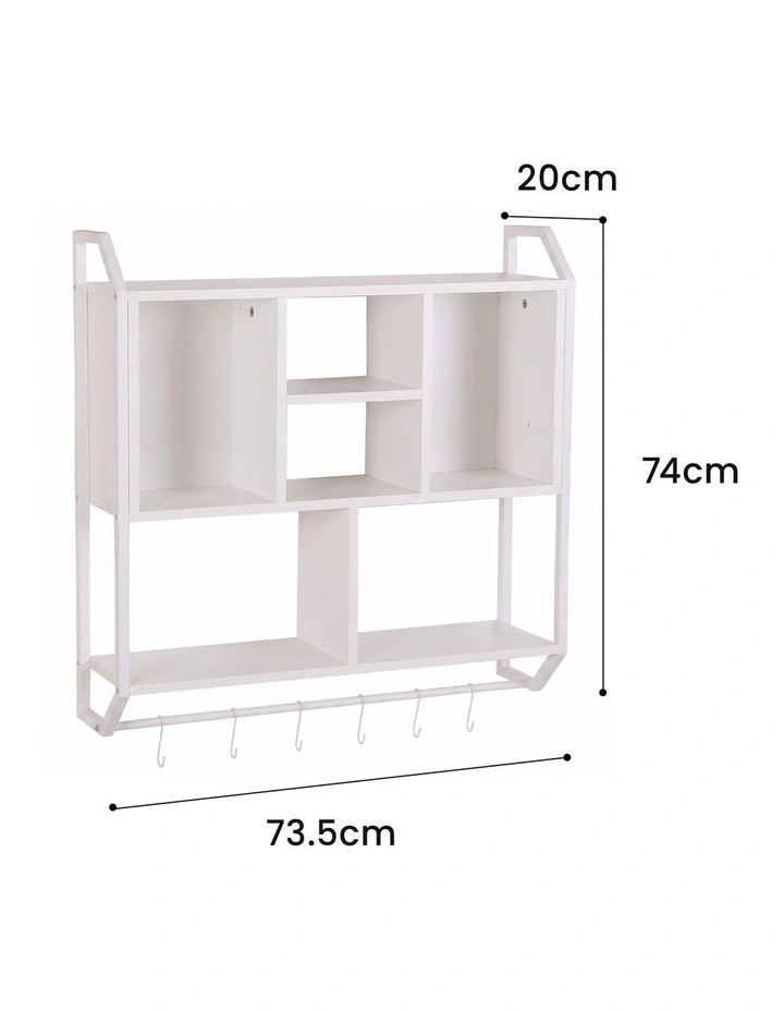 Artiss Floating Wall Shelf 6 Hooks Wall Mounted Storage Cubby Rack 73.5x74CM White image 2