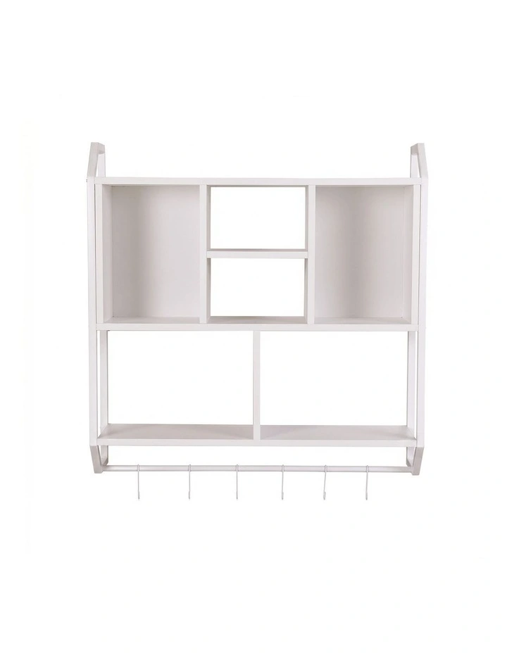 Artiss Floating Wall Shelf 6 Hooks Wall Mounted Storage Cubby Rack 73.5x74CM White image 3