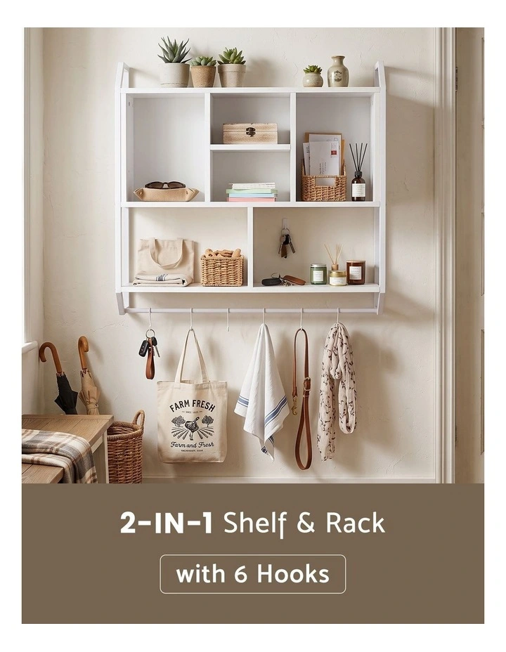 Artiss Floating Wall Shelf 6 Hooks Wall Mounted Storage Cubby Rack 73.5x74CM White image 4