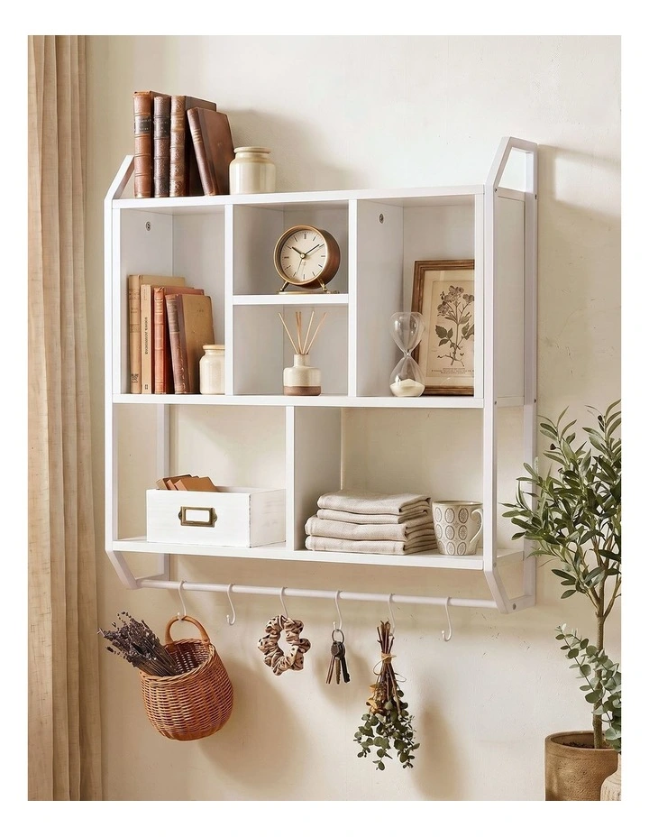Artiss Floating Wall Shelf 6 Hooks Wall Mounted Storage Cubby Rack 73.5x74CM White image 6