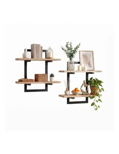Artiss Set of 2 Floating Wall Shelf 2-Tier Wall-Mounted Display Ledge Wood & Metal