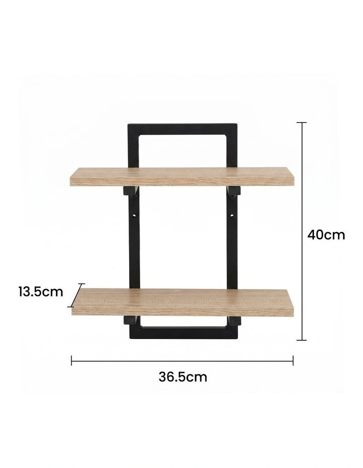 Artiss Set of 2 Floating Wall Shelf 2-Tier Wall-Mounted Display Ledge Wood & Metal image 2