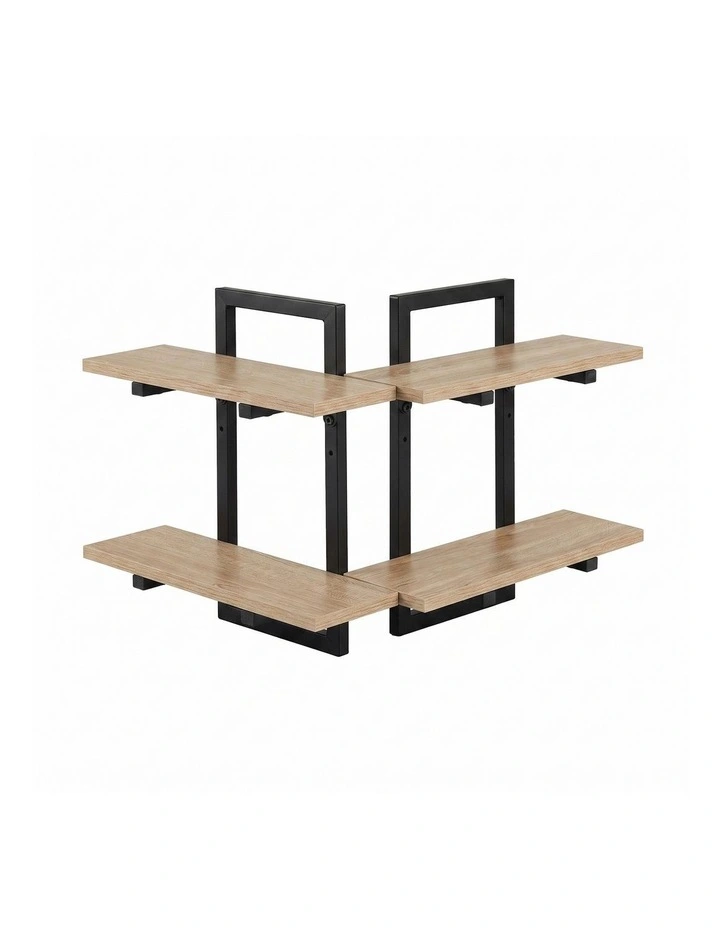 Artiss Set of 2 Floating Wall Shelf 2-Tier Wall-Mounted Display Ledge Wood & Metal image 3