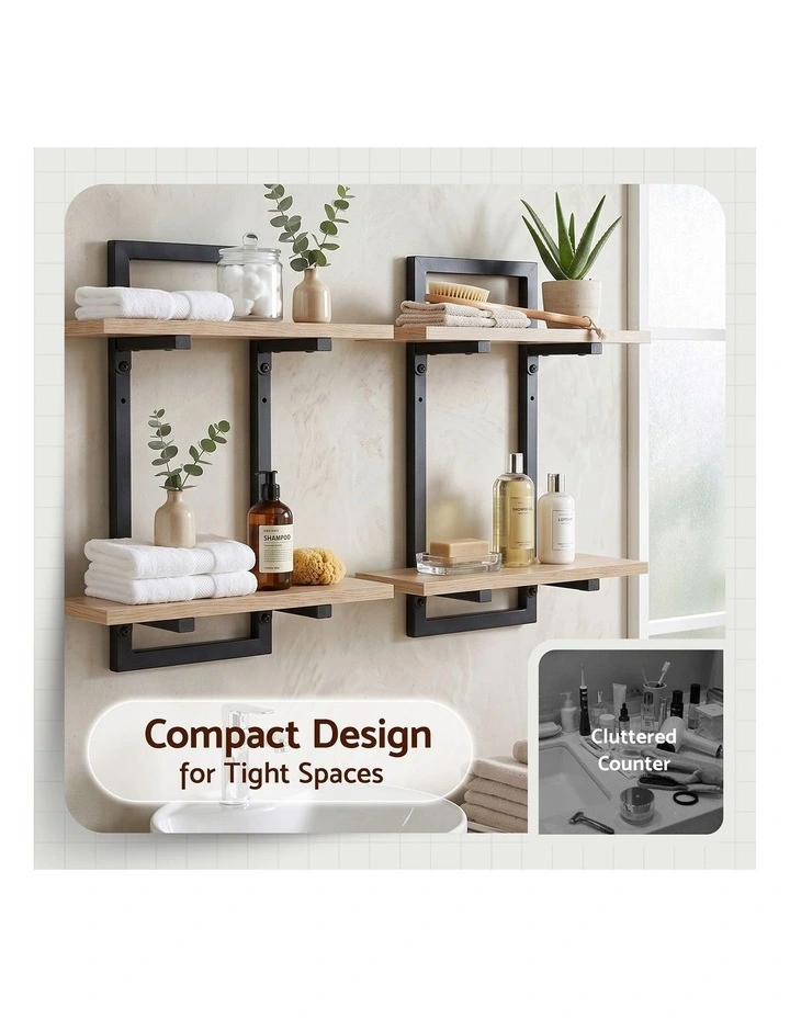 Artiss Set of 2 Floating Wall Shelf 2-Tier Wall-Mounted Display Ledge Wood & Metal image 5