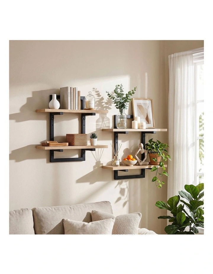 Artiss Set of 2 Floating Wall Shelf 2-Tier Wall-Mounted Display Ledge Wood & Metal image 6