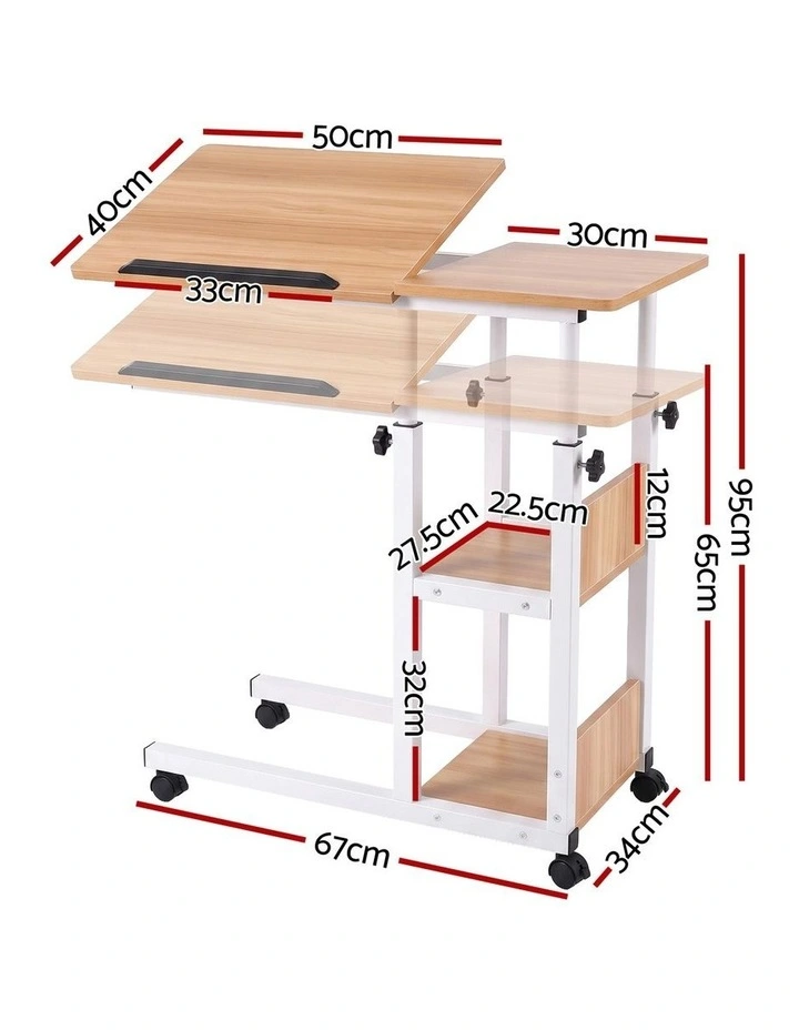 Artiss 3 Tier Adjustable Laptop Desk Tiltable Mobile Side Table Wheels Oak image 2