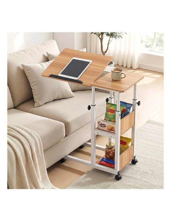 Artiss 3 Tier Adjustable Laptop Desk Tiltable Mobile Side Table Wheels Oak image 6