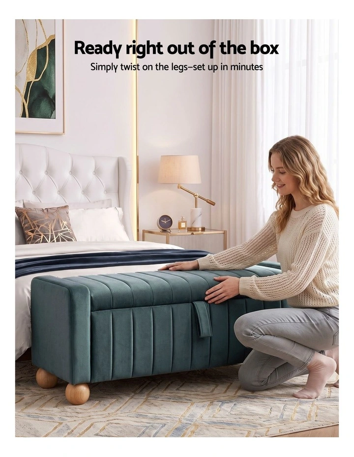 Artiss Storage Ottoman Bench Velvet Blanket Box Stool Footrest Ball Feet Green image 4