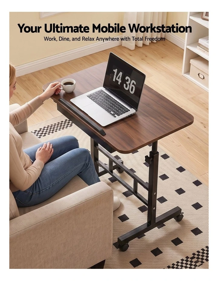 Artiss Adjustable Laptop Desk Mobile Bedside Table Hidden Storage Walnut image 4