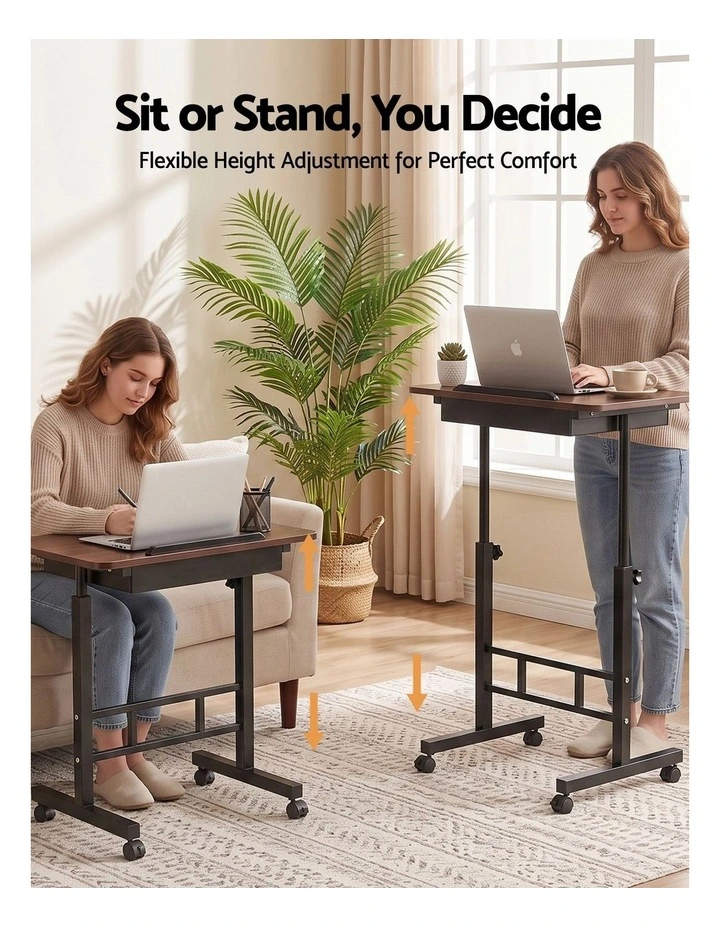 Artiss Adjustable Laptop Desk Mobile Bedside Table Hidden Storage Walnut image 5