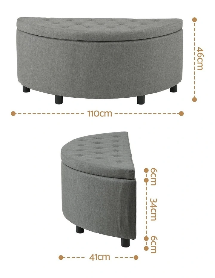 Artiss Storage Ottoman Bench Linen Fabric Tufted Half Round Footstool Grey image 2