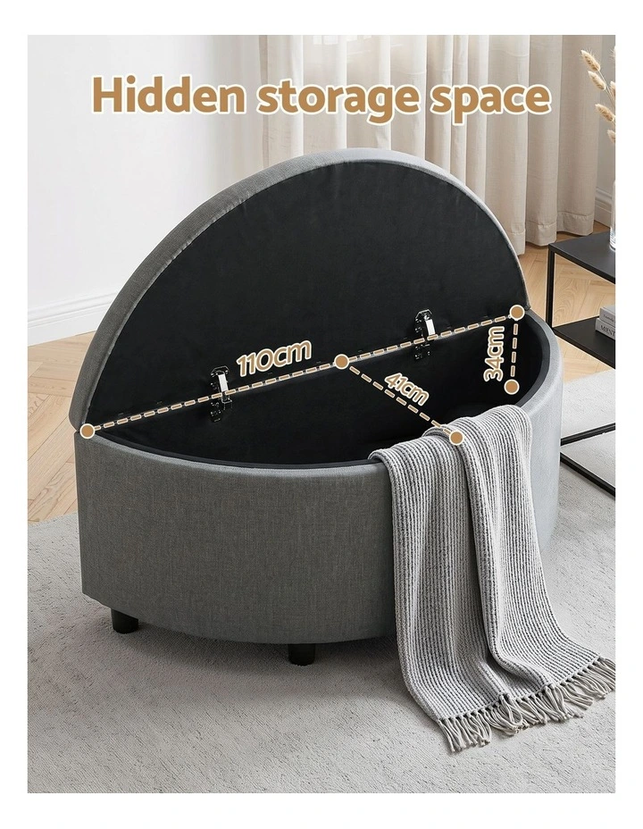 Artiss Storage Ottoman Bench Linen Fabric Tufted Half Round Footstool Grey image 4