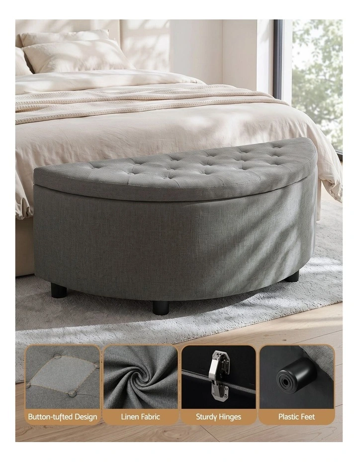 Artiss Storage Ottoman Bench Linen Fabric Tufted Half Round Footstool Grey image 5