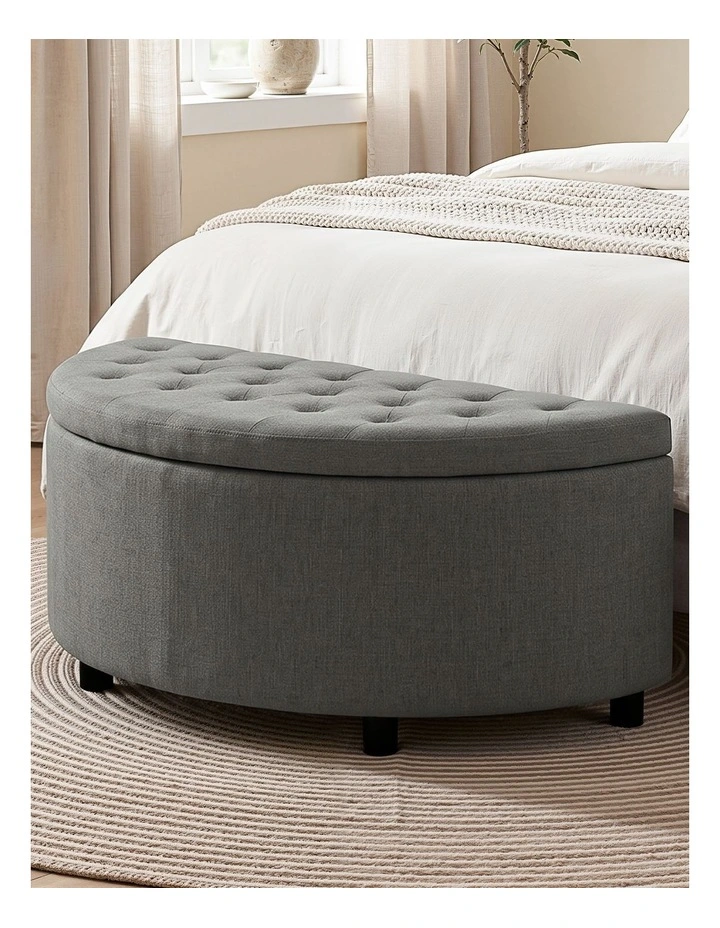 Artiss Storage Ottoman Bench Linen Fabric Tufted Half Round Footstool Grey image 6