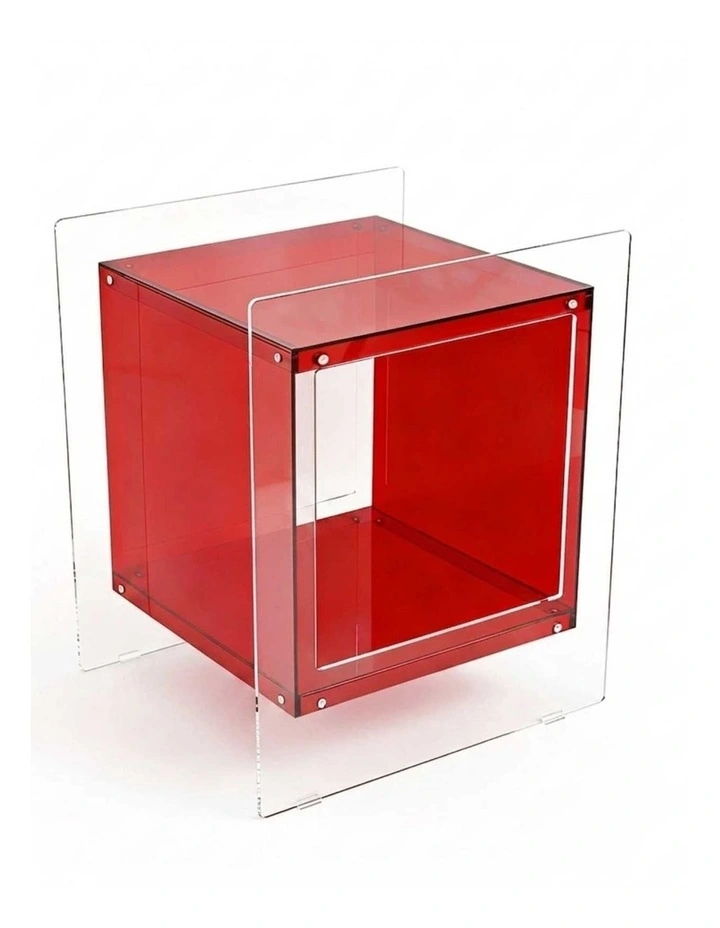 Red Acrylic End Table Modern Cube Design Side Table With Shelf Unit image 1