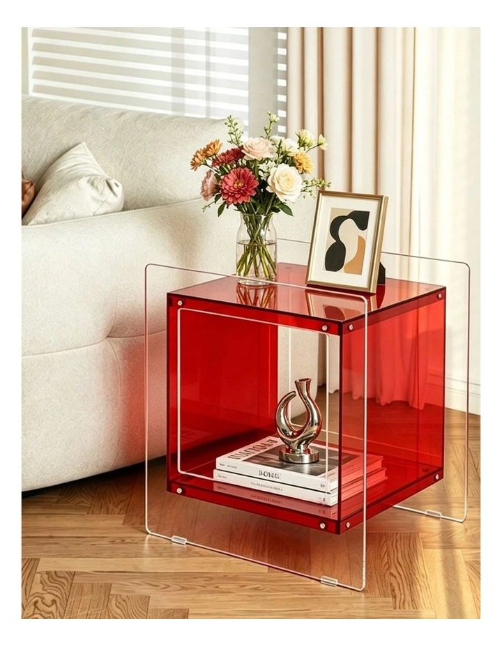 Red Acrylic End Table Modern Cube Design Side Table With Shelf Unit image 2