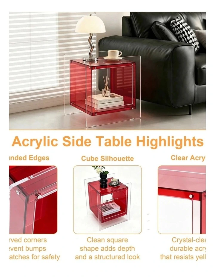 Red Acrylic End Table Modern Cube Design Side Table With Shelf Unit image 4