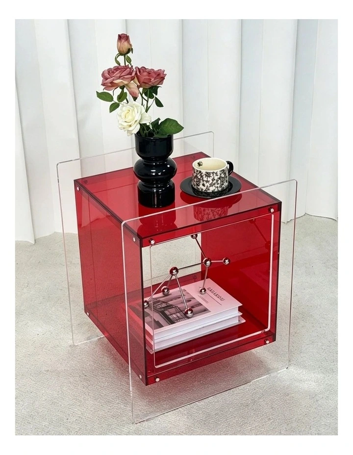 Red Acrylic End Table Modern Cube Design Side Table With Shelf Unit image 6