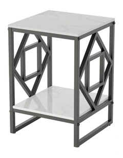 Black Geometric Metal End Table With White Marble Top And Shelf