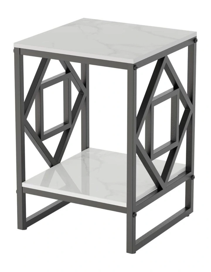 Black Geometric Metal End Table With White Marble Top And Shelf image 1