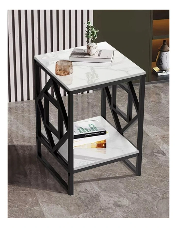Black Geometric Metal End Table With White Marble Top And Shelf image 2