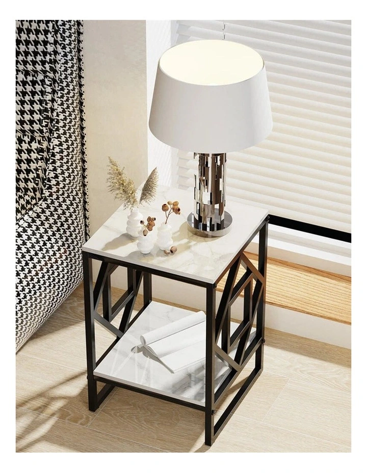 Black Geometric Metal End Table With White Marble Top And Shelf image 3