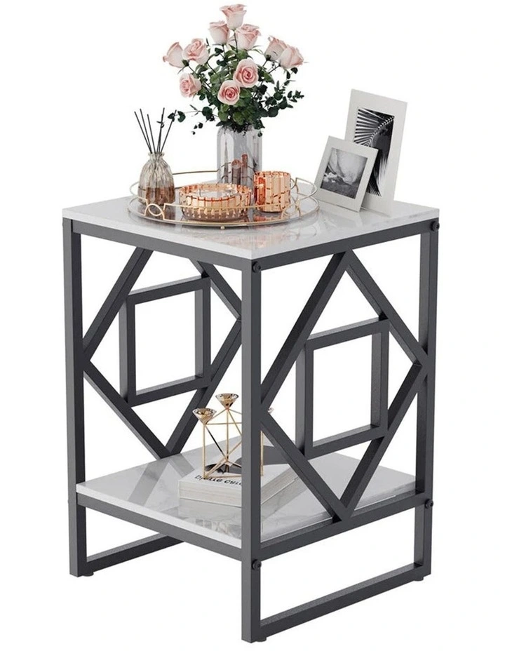 Black Geometric Metal End Table With White Marble Top And Shelf image 4