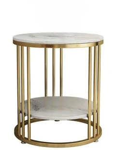 Gold Round Side Table With Double Marble Shelves & Rod Frame