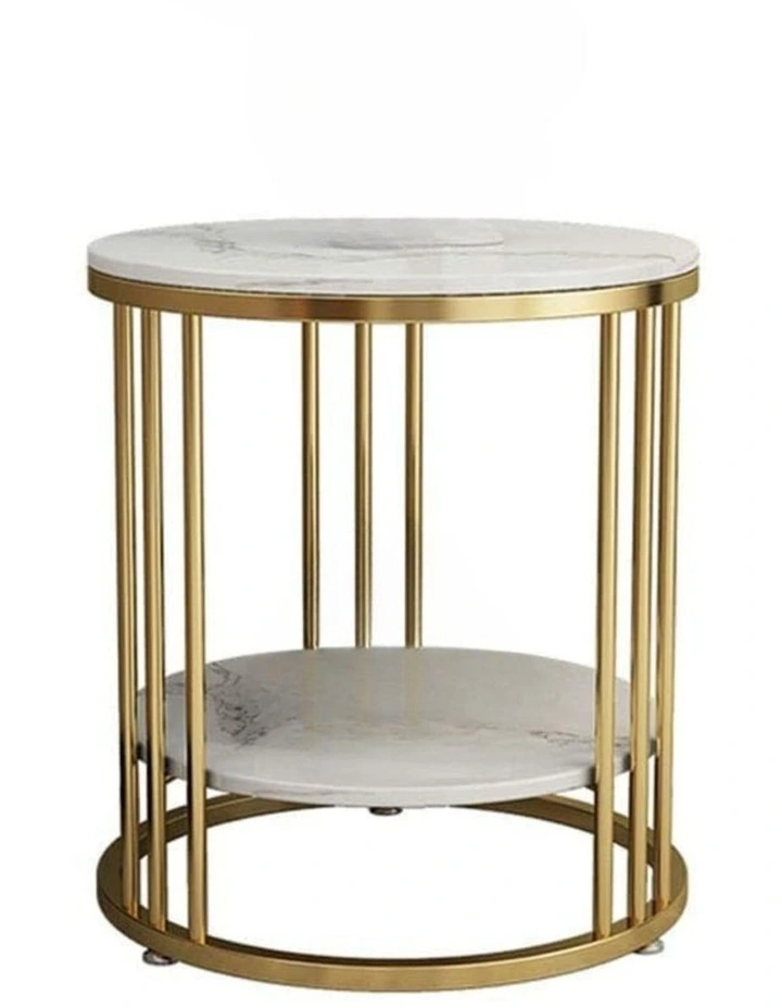 Gold Round Side Table With Double Marble Shelves & Rod Frame image 1