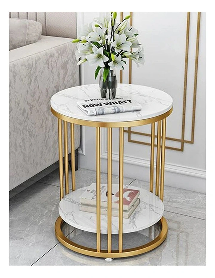 Gold Round Side Table With Double Marble Shelves & Rod Frame image 2