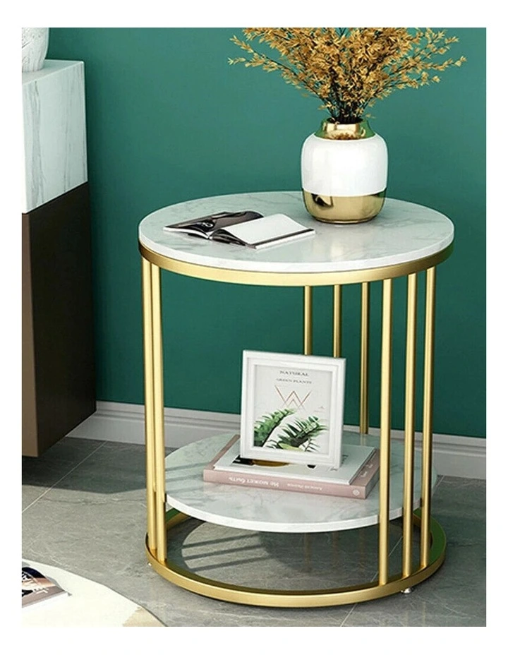 Gold Round Side Table With Double Marble Shelves & Rod Frame image 3