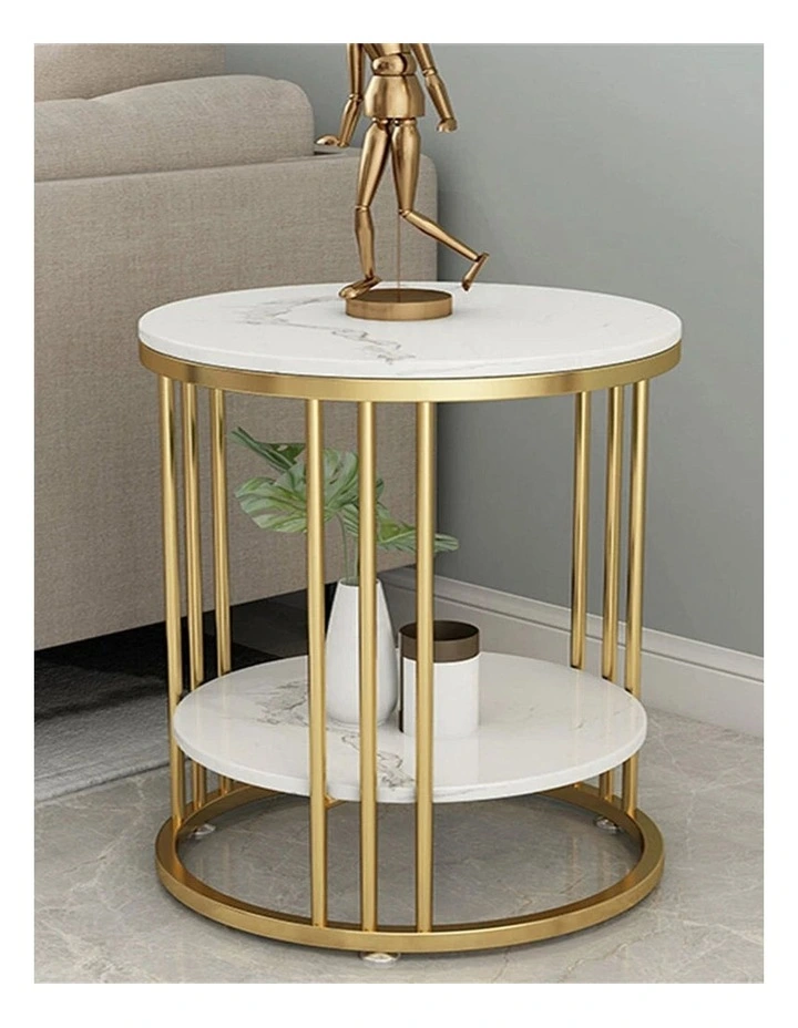 Gold Round Side Table With Double Marble Shelves & Rod Frame image 4