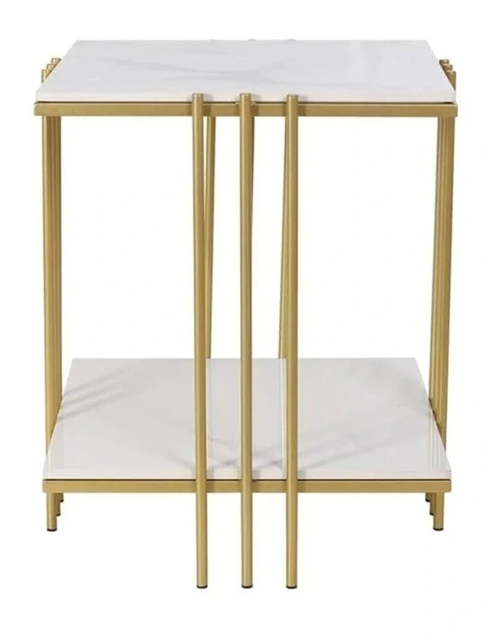 Gold End Table White Sintered Stone Top Bedside Side Table with Shelf image 1