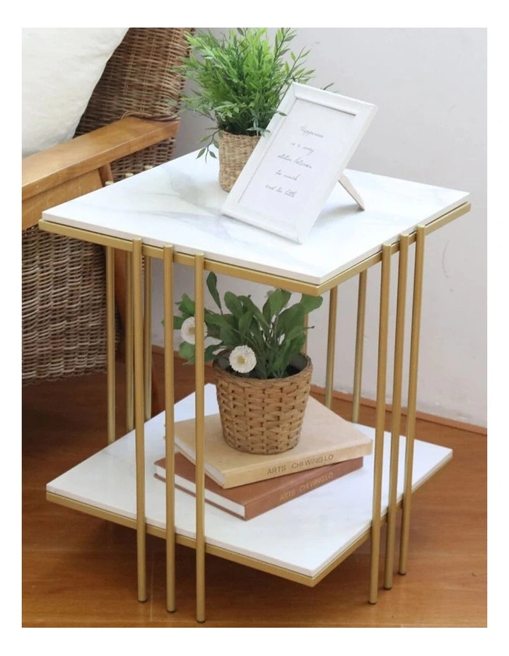 Gold End Table White Sintered Stone Top Bedside Side Table with Shelf image 2