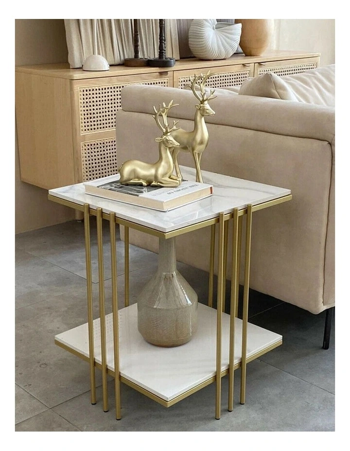Gold End Table White Sintered Stone Top Bedside Side Table with Shelf image 3