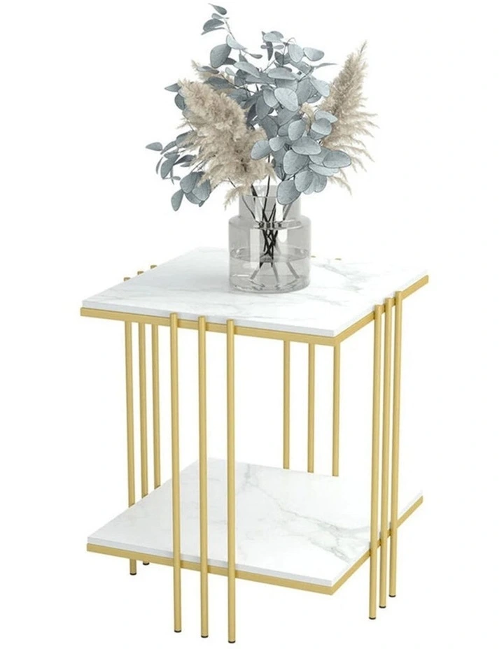 Gold End Table White Sintered Stone Top Bedside Side Table with Shelf image 7