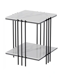 Black Modern Sintered Stone Side Table with Metal Frame and Two Tiers