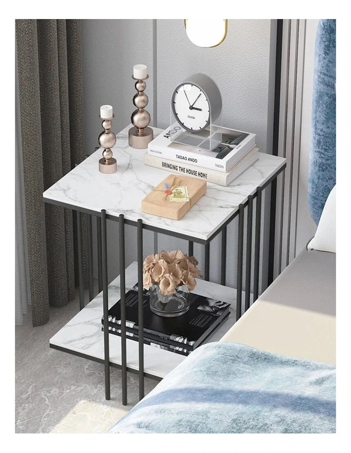 Black Modern Sintered Stone Side Table with Metal Frame and Two Tiers image 2