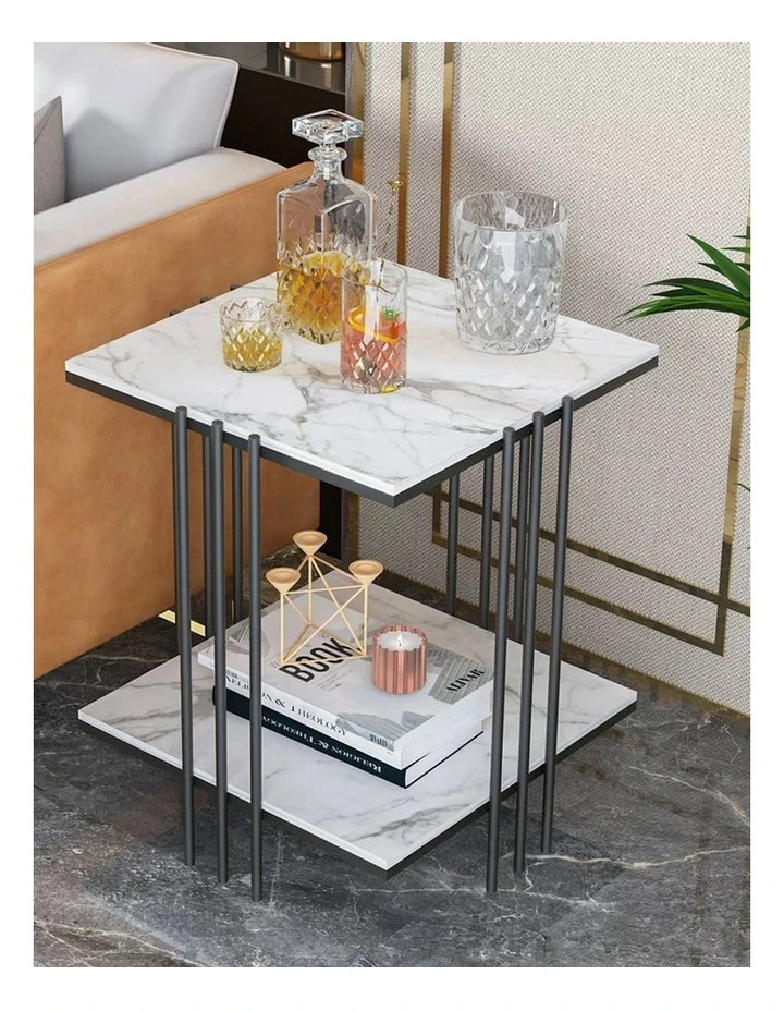 Black Modern Sintered Stone Side Table with Metal Frame and Two Tiers image 3