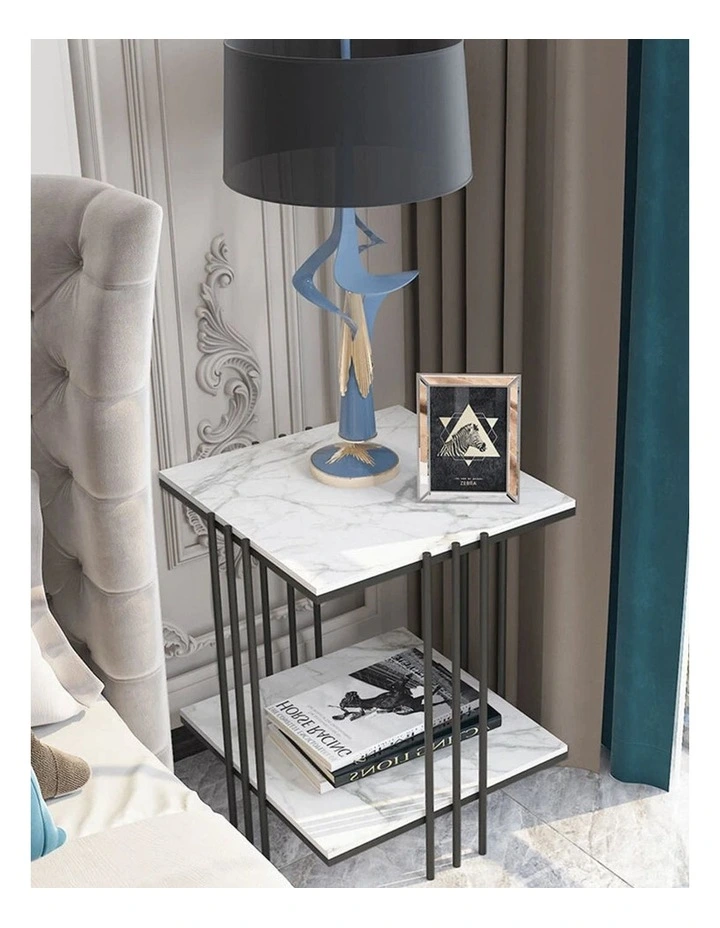 Black Modern Sintered Stone Side Table with Metal Frame and Two Tiers image 4